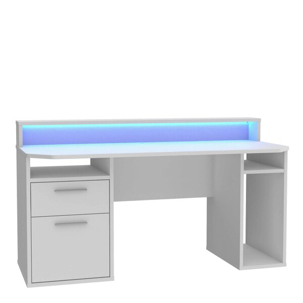 Wyld Haus Valencia White Gaming Desk with LED Strip Lighting and Storage Features