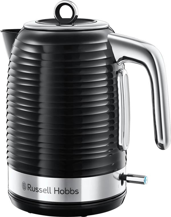Russell Hobbs Inspire Black Kettle 1.7L, 3000W Rapid Boil, Blue Illumination, Perfect Pour Spout, Anti-Scale Filter, 360° Base