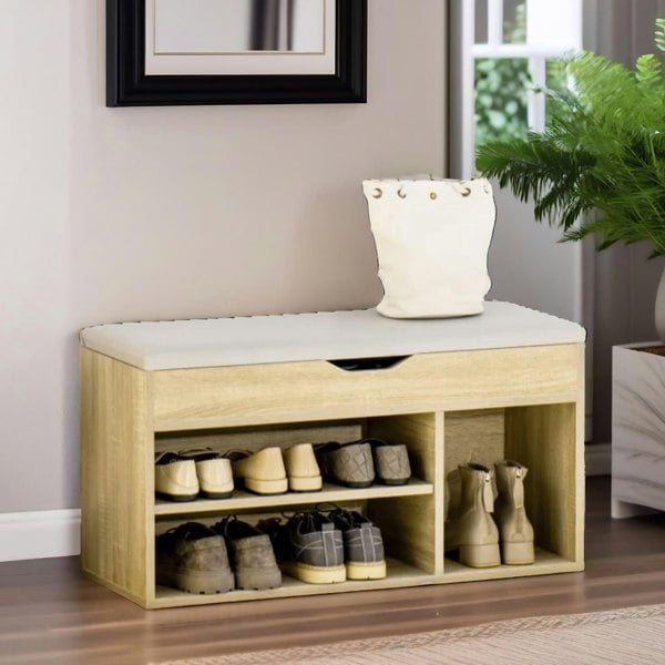 Rafaelo Mobilia Industrial Shoe Storage Bench With Cushion Seat Oak