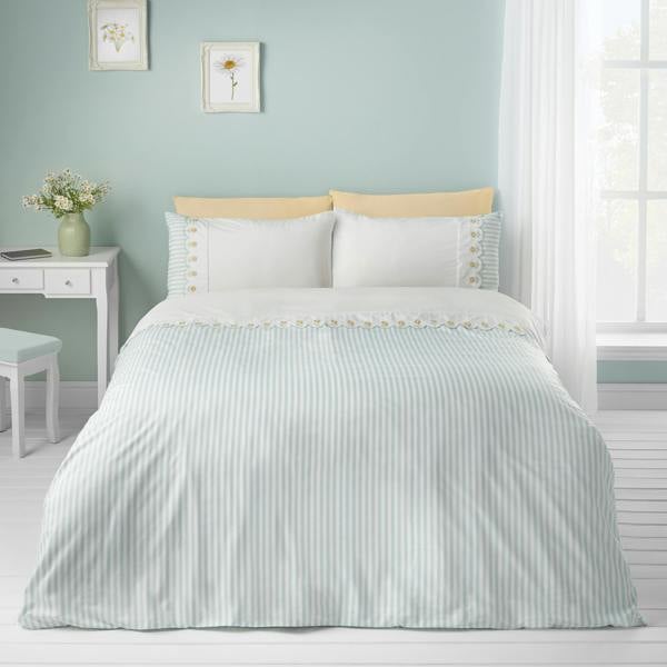 Catherine Lansfield Embroidered Daisy Soft Touch Duvet Cover Set Sage Green