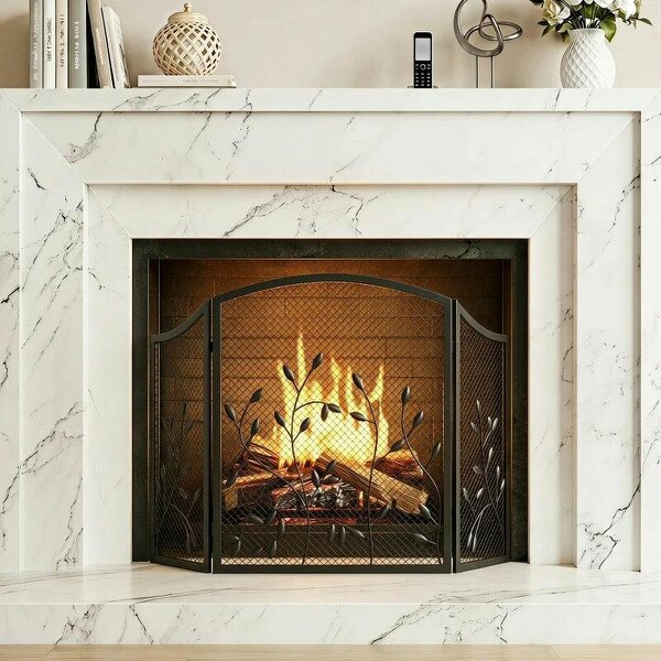 Floral 3-Panel Folding Fireplace Screen for Hearth Protection, Heat-Resistant Metal Fire Spark Guard, Black - Black