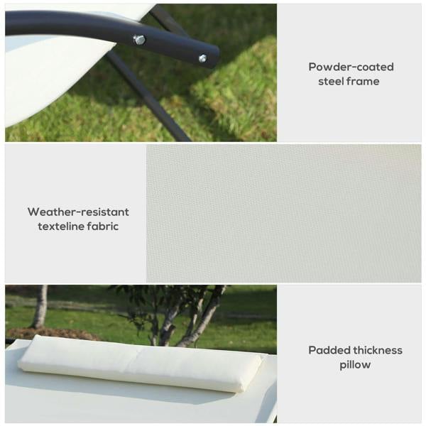 Cream padded headrest pillow on weather-resistant textile over powder-coated steel frame