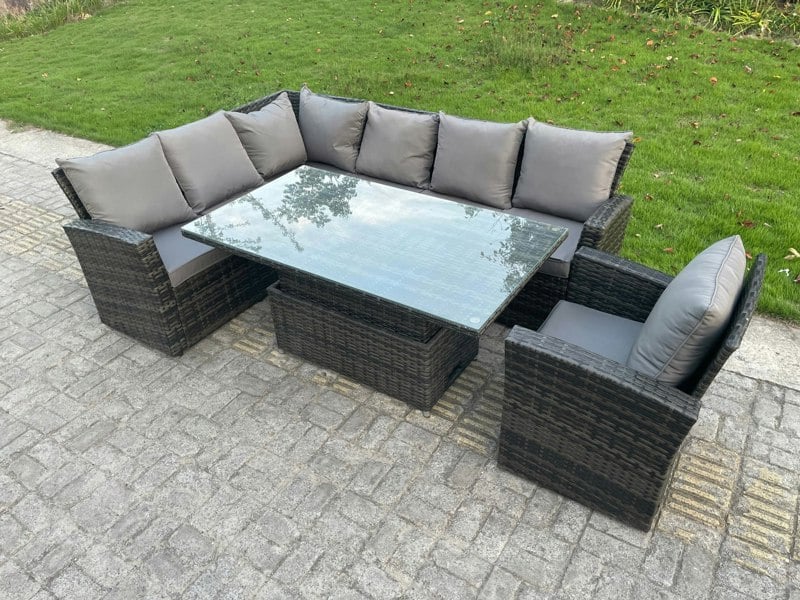 Fimous High Back PE Rattan Corner Sofa Set Garden Furniture Adjustable Rising Lifting Table Set With Chair