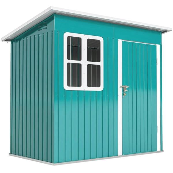 Green galvanized steel garden shed with double doors, window panels, and lock