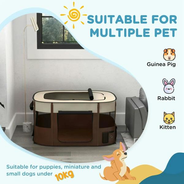 Brown foldable dog playpen with round top, mesh panels, and side door