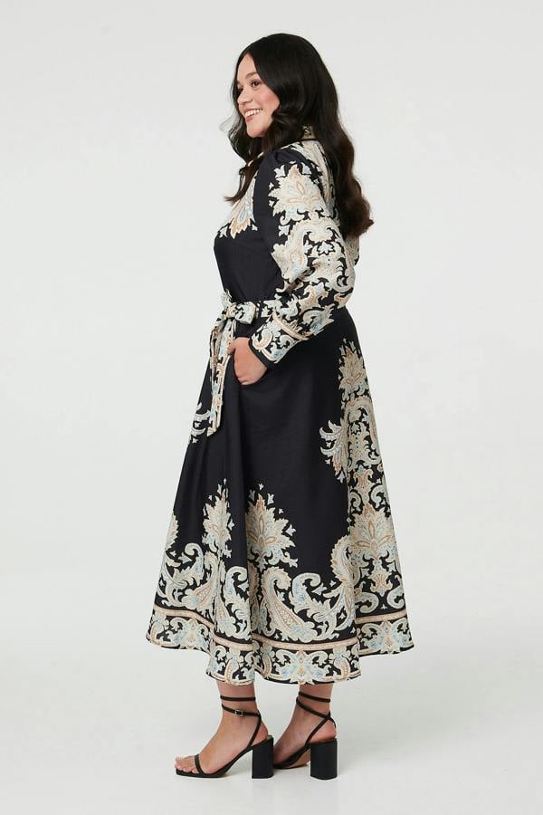 Black | Curve Floral Border Tie Waist Midi Dress
