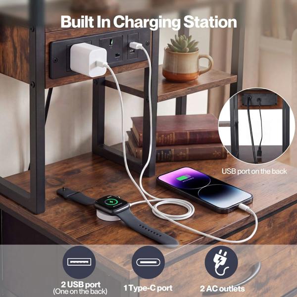 Levede Bedside Table with Charging Station 3 Drawer RGB Light Night Stand Brown