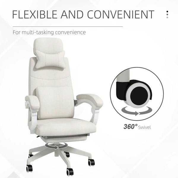 White office chair with 360° swivel and retractable footrest, front view