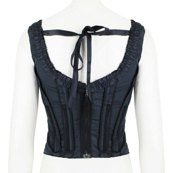 Prada black corset top with ruffle bust and pleated vertical details
