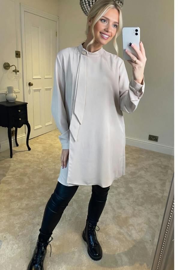 Hoxton Gal Oversized High Neck Tunic Top with Brooch Details in Beige