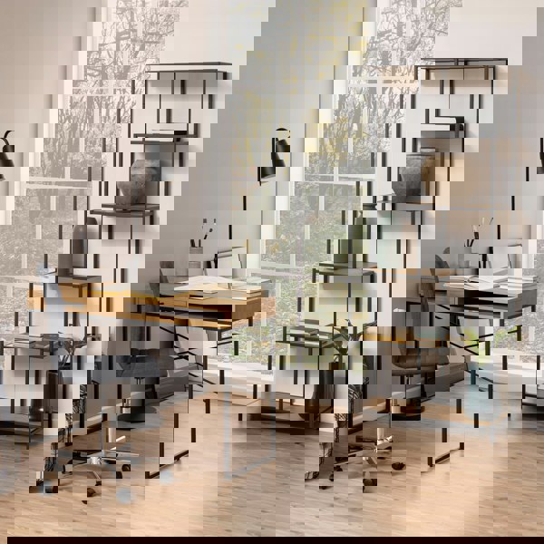 Furniture To Go Seaford Tall Black Metal Bookcase with 5 Oak Shelves