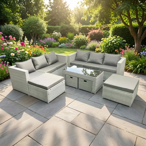 Fimous 10 Seater Rattan Garden Furniture Set with 2 Sofas, Coffee Table, 4 Footstools - Light Grey 