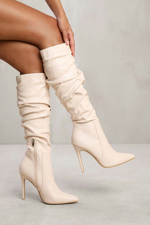 Where's That From Alessia Below Knee High Heel Slouch Boot in Cream Faux Leather