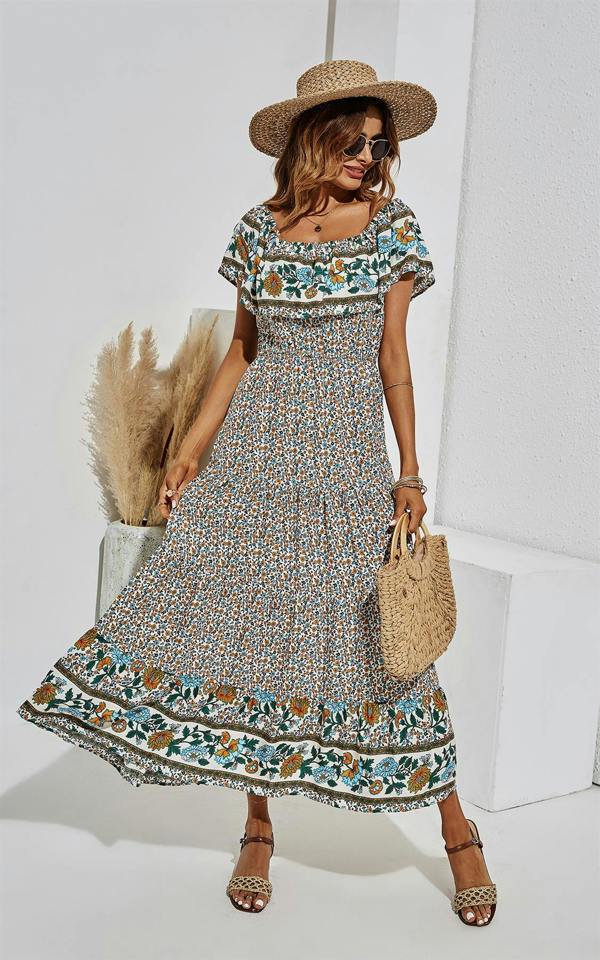 FS Collection Off Shoulder Hem Detail Floral Print Midi Dress In Beige