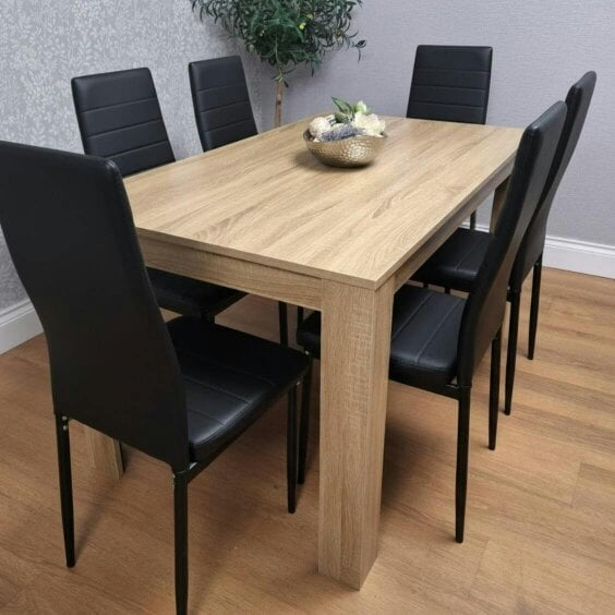 Kosy Koala Oak Effect Dining Table Set With 6 Black Faux Leather Chairs Dining Room Furniture