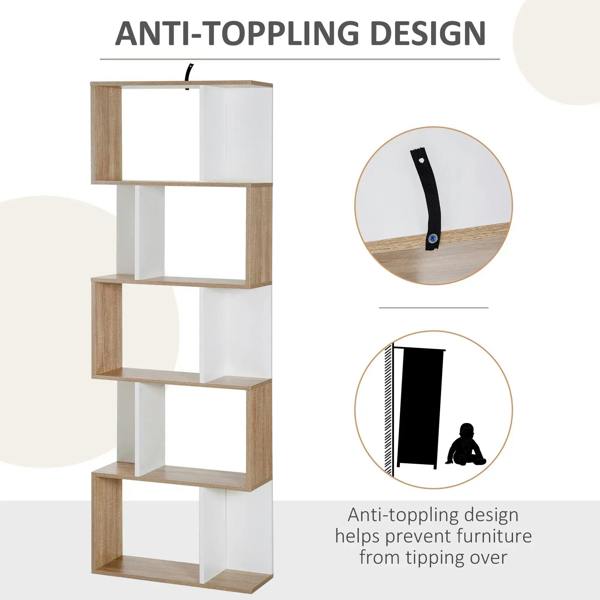 Anti-tipping corner detail on oak-and-white bookshelf, showing secured bracket