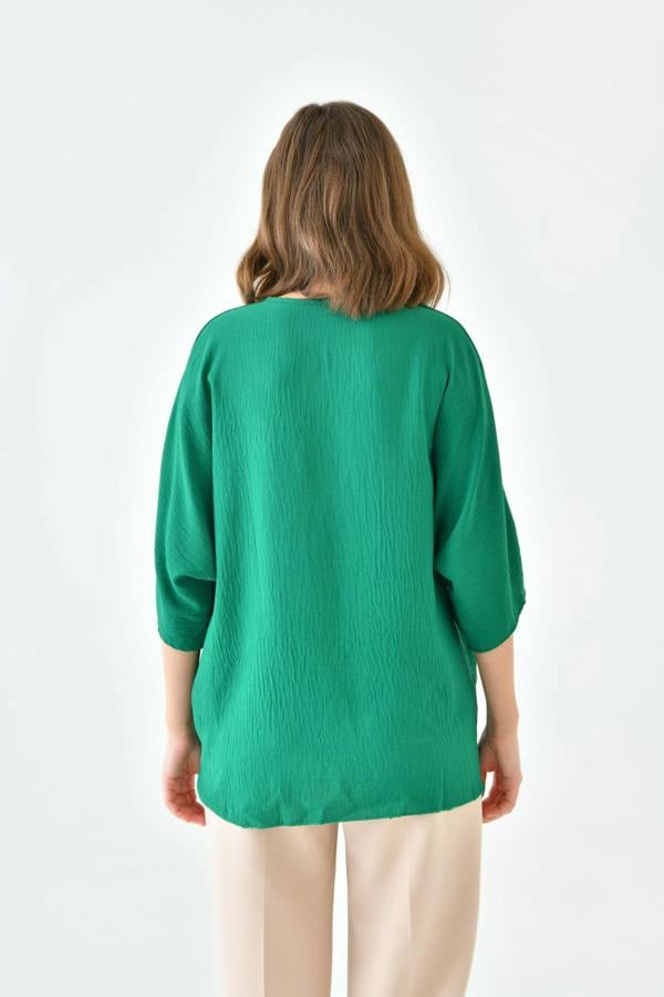 Hoxton Gal Oversized V Neck Tie Front Detailed Blouse with 3/4 Sleeves in Green