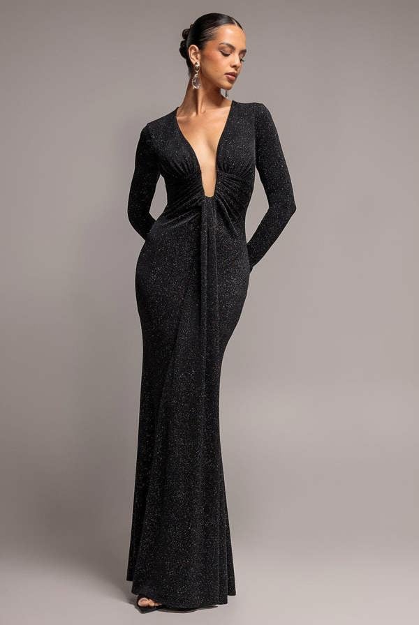 Plunge Neck Long Sleeve Front Draped Lurex Maxi Dress - Black DR5231