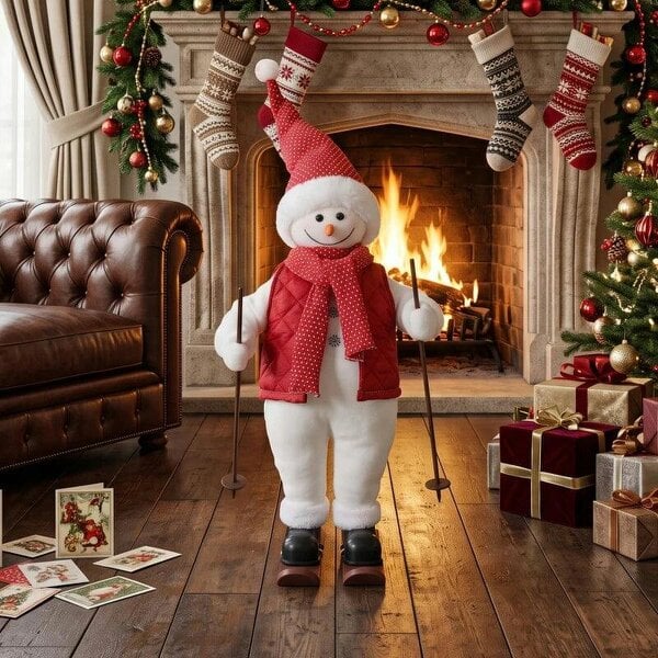 Bobobiy 2ft Singing Skiing Santa Claus, Standing Christmas Animated Santa Figure with Ski Board, Poles, Sound/Touch Activated