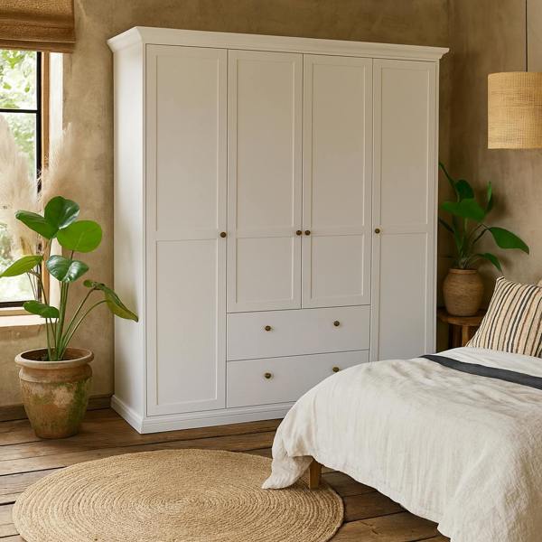 Wyld Haus Osaka Farmhouse White Wooden Wardrobe 4 Doors 2 Drawers