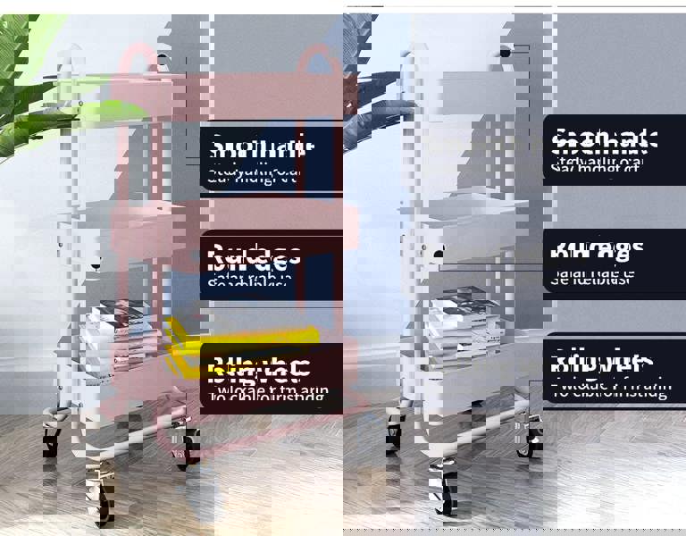 Levede 3 Tiers Kitchen Trolley Cart Steel Storage Rack Shelf Organiser Pink