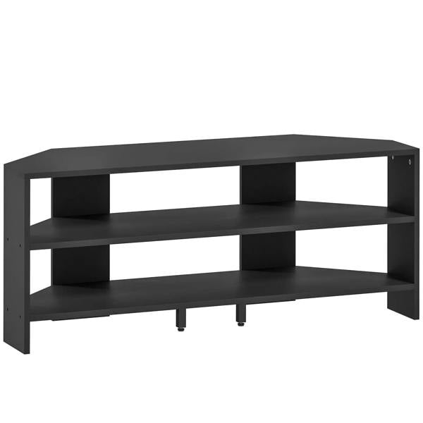 Black TV console stand with two open shelves for TV