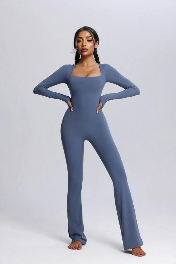 Anniou Square Neck Flared Yoga Jumpsuit - blue