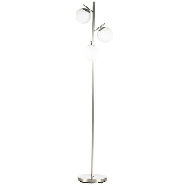 Tall silver floor lamp with three white globe shades on curved metal arms