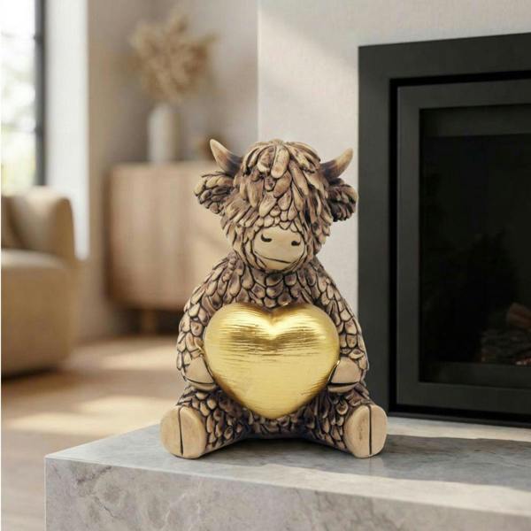 Garden Greatness Hughie Highland Cow Gold Heart Ornament