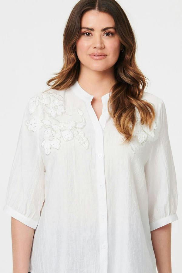 White | Embellished Floral 3/4 Sleeve Shirt