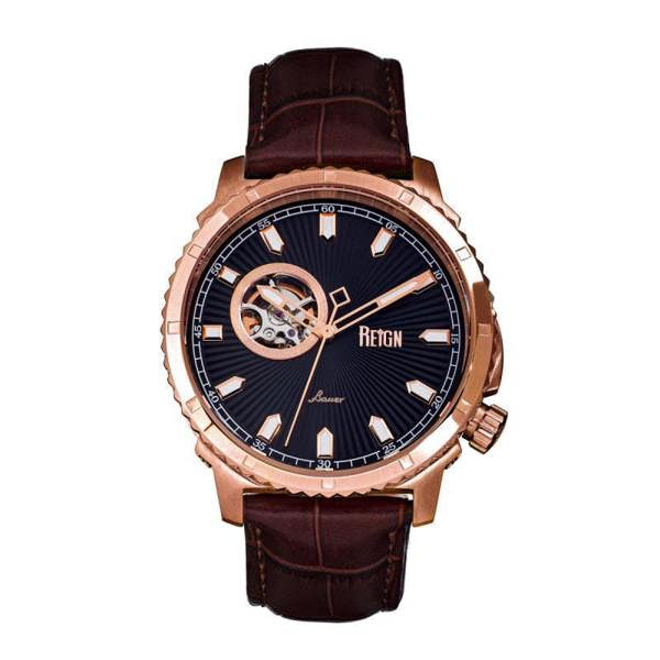 Reign Bauer Automatic Semi-Skeleton Leather-Band Watch