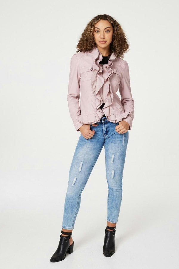 Dusky Pink | Frilled Front Faux Leather Jacket