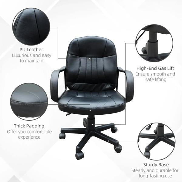 Black PU leather office chair with thick padding, curved armrests, and sturdy base