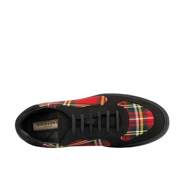 Embassy London Strada - Black & Red Tartan - Men's Tartan Leather & Suede Trainer