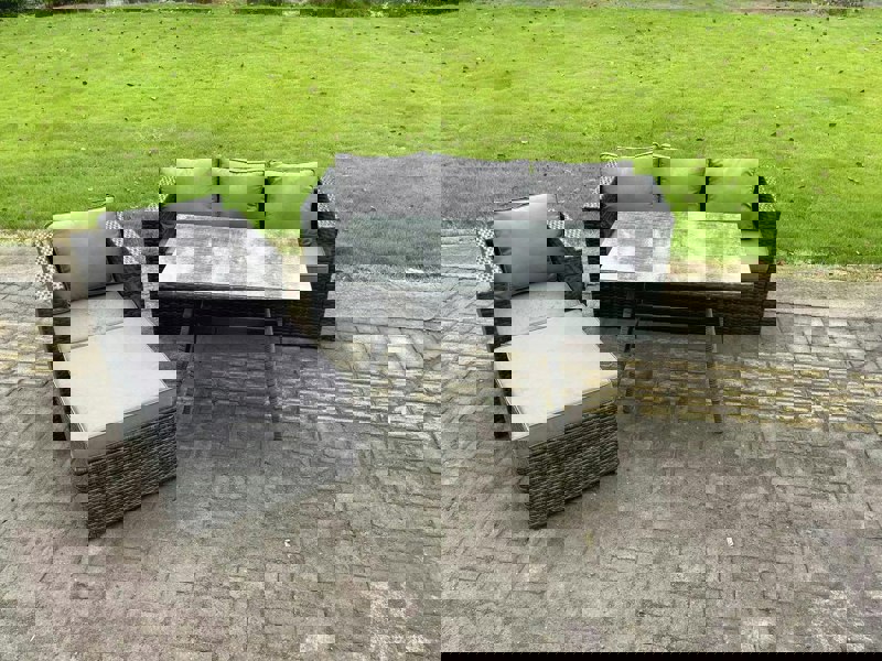Fimous Rattan Outdoor Furniture Garden Dining Set with Oblong Dining Table Armchair Big Footstool Dark Grey Mixed
