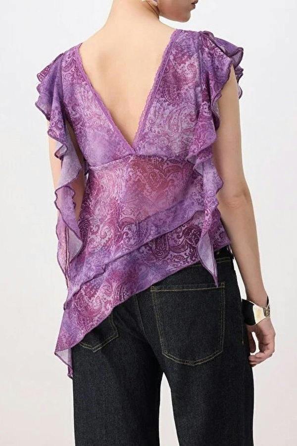 WOVCOR Asymmetrical Tulle Blouse with Lace Details