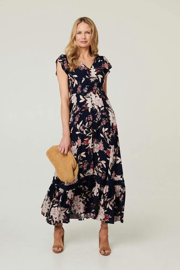 Navy | Floral Cap Sleeve Shirred Maxi Dress