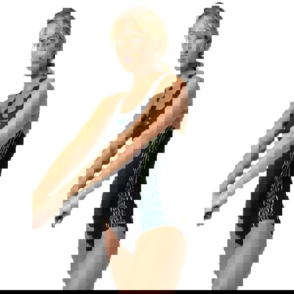 Speedo Placement Muscleback Swimsuit in black with green and blue accents, medium leg, chlorine resistant