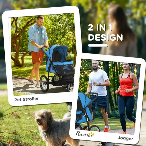 Blue and black pet stroller with canopy, shown as a 2-in-1 jogging buggy