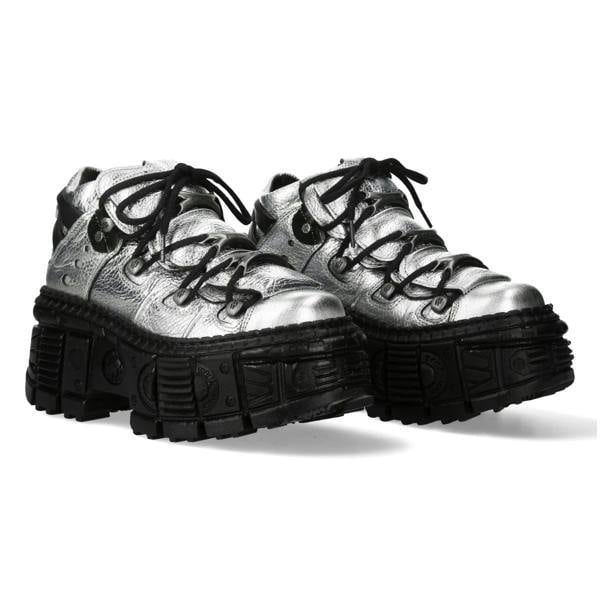 New Rock M-106WALL-C16 Metallic Silver Black Leather Gothic Ankle Boots