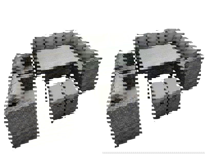 Fimous Rattan Garden Furniture Set Outdoor 10 Seater Patio Dining Corner Sofa Sets with Dining Table 2 Chairs 2 Small Stools Dark Grey Mixed