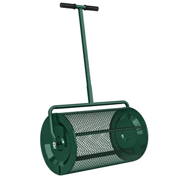 Compost Spreader, 24" Peat Moss Spreader -Height Adjustable T Shaped Handle & Metal Mesh Basket, Garden Spreader for Seeding, Spreading Manure