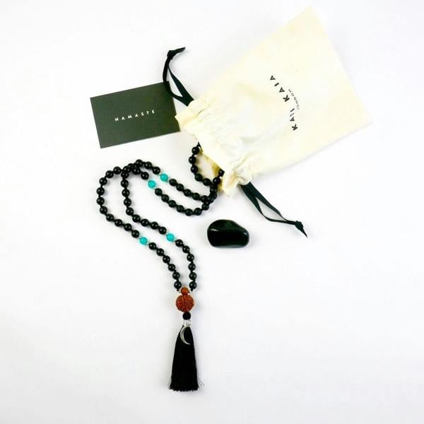 Kati Kaia Black Obsidian Crystal Necklace with tassel and beads in a gift pouch