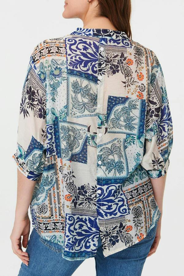 Blue | Patchwork 1/2 Sleeve Button Detail Shirt