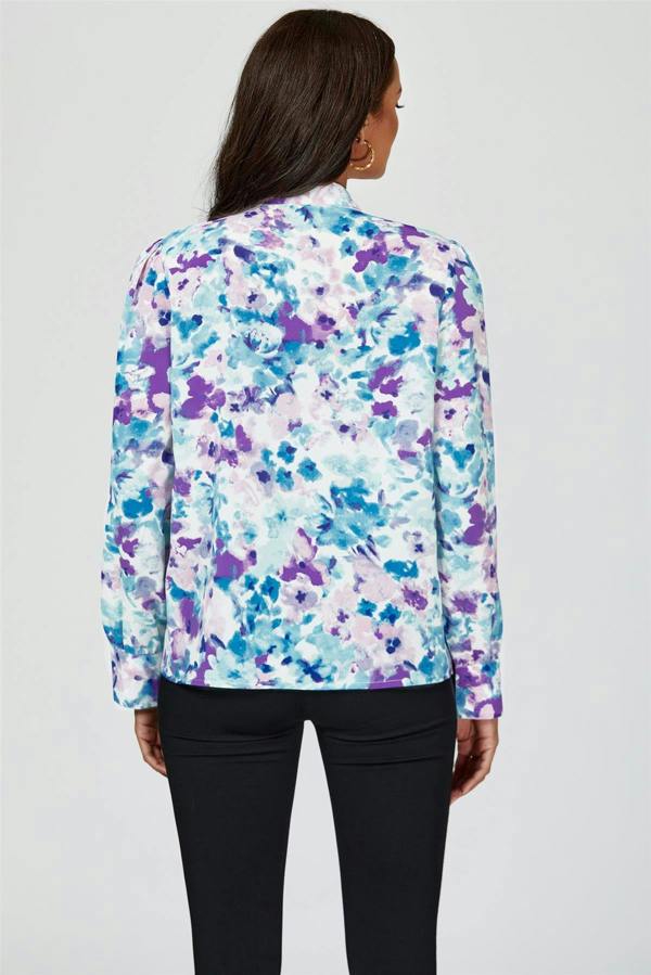 FS Collection Abstract Floral Print Tie Detail long sleeve Blouse Top In Blue