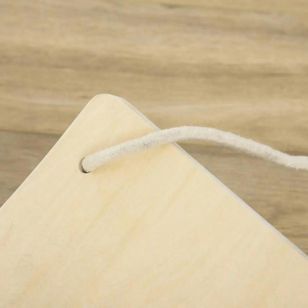 Curved natural wood balance board with attached rope loop and soft grip