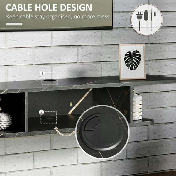 Black wall console with cable hole opening, open compartment, and gold-vein trim