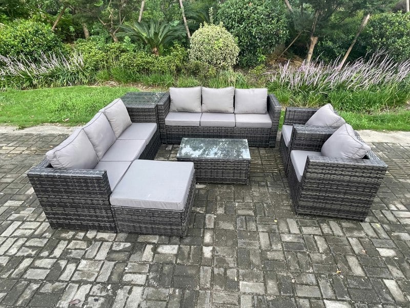 Fimous 9-Seater Outdoor Lounge Sofa Set - Dark Grey Mixed Rattan Garden Furniture with 2 Armchairs & Oblong Coffee Table