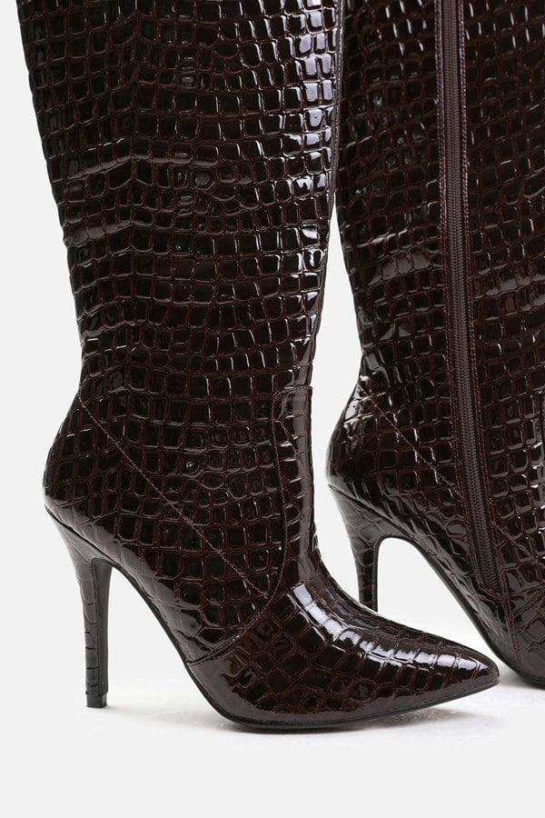 Where's That From Zoya Wide Calf High Heel Boot in Wide E Fit in Dark Brown Croco Patent