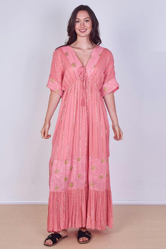 Boho Sequin Square Embroidered Maxi Dress - Pink - Onesize (8-14)